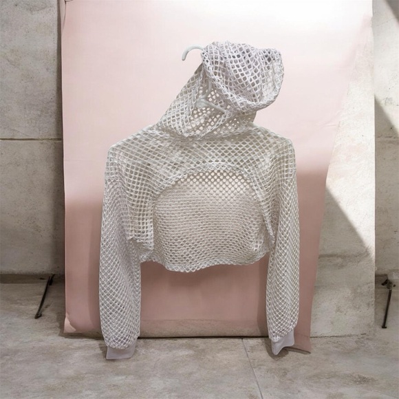White Mesh Long Sleeve Crop Top Hoody - Picture 4 of 4